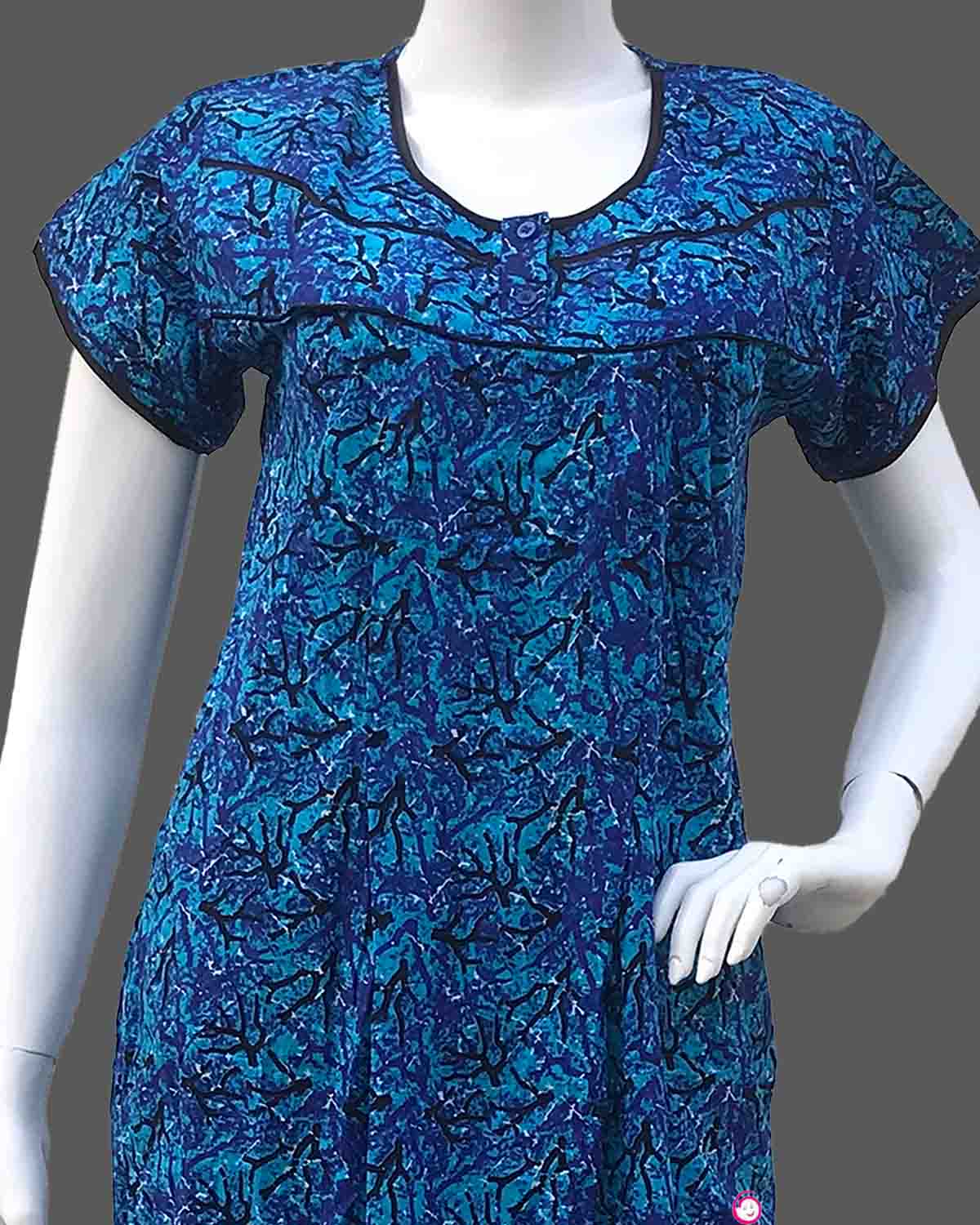 Maternity overall floral printed half sleeve nighty with side zip - Royal Blue