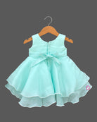 Sleeveless tiered organza party frock with beaded waist rosettes and ruffled hem