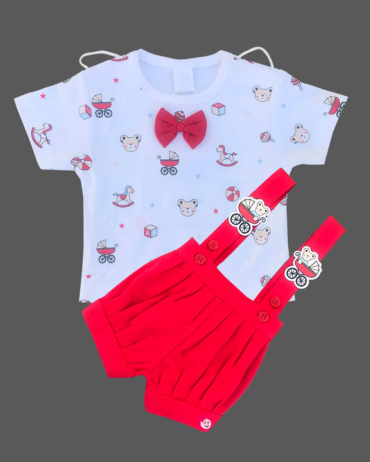 Red baby girl cotton knit suspender shorts with teddy bear stroller badges and white t-shirt with red bow and toy print