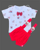 Red baby girl cotton knit suspender shorts with teddy bear stroller badges and white t-shirt with red bow and toy print