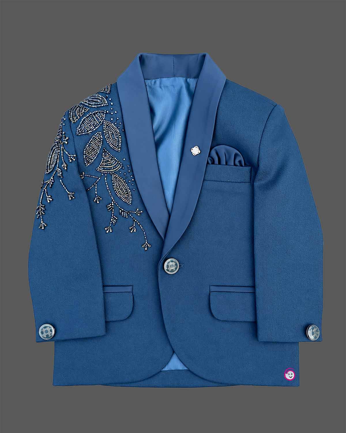 Boys embellished tuxedo suit set with botanical lapel embroidery, matching tie, and pant.