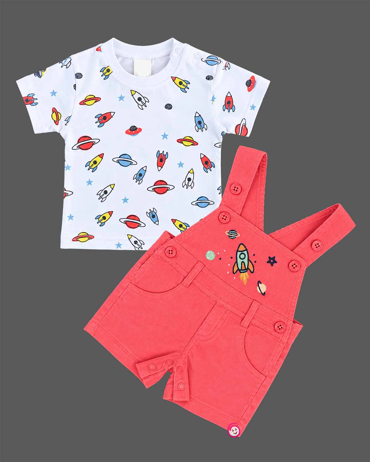 Boys dungaree set with space print t-shirt and red rocket dungaree shorts