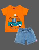 Bright orange graphic t-shirt with ice cream truck print and light wash blue denim elasticated shorts baby boy top and shorts set for summer vacations, playdates, and park outings