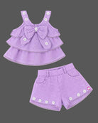 Toddler girl tiered bow top and short set with floral embroidery for parties