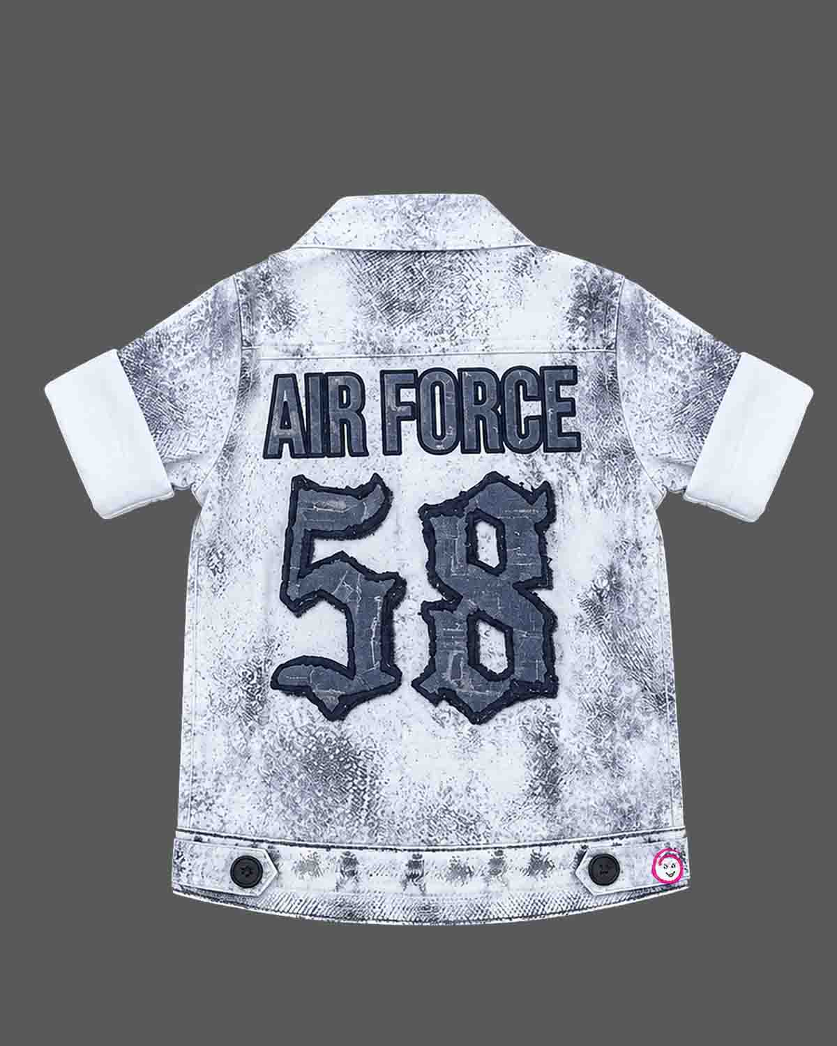 Toddler party wear button-down printed denim shirt with chest pockets and collar.