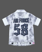 Toddler party wear button-down printed denim shirt with chest pockets and collar.