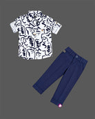indo western dress for boys featuring abstract print short sleeve shirt and tailored trousers