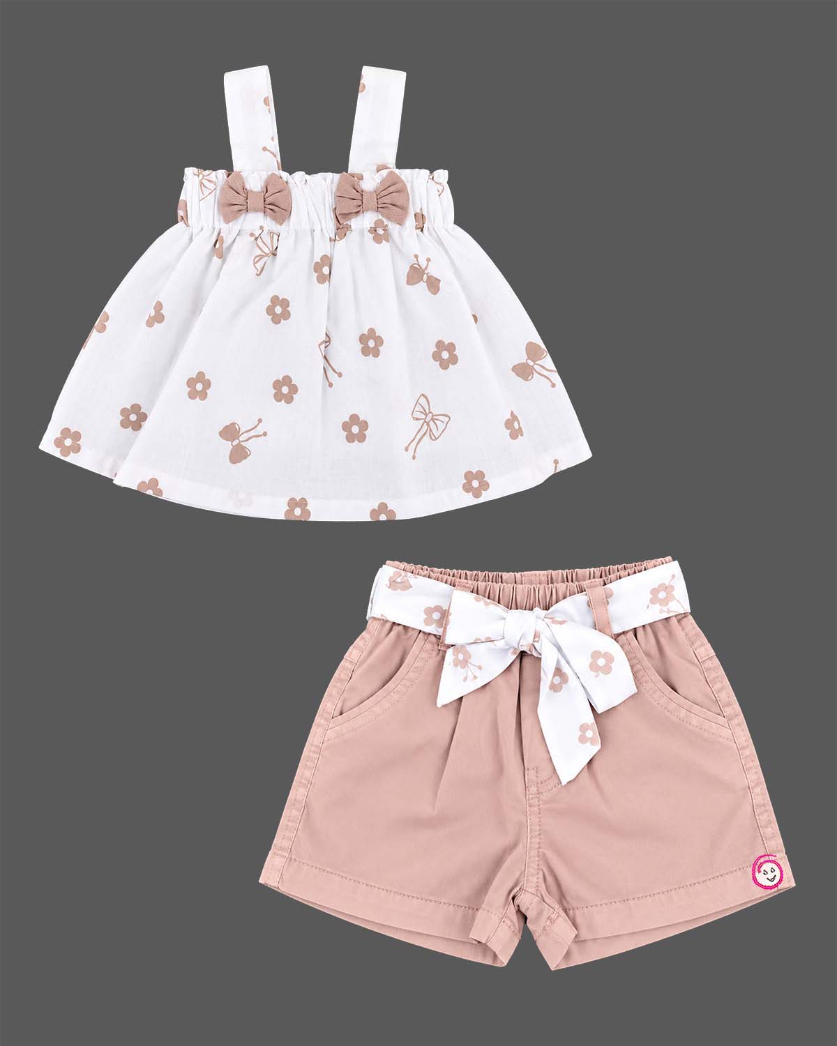 Baby girl clothes printed strap top with chest bows and belted shorts set