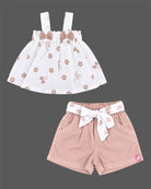 Baby girl clothes printed strap top with chest bows and belted shorts set