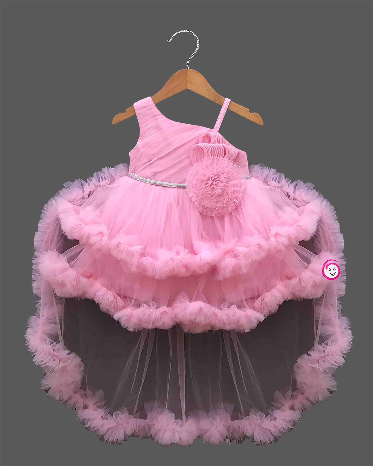 Toddler net ruffle party frock with high low ruffled skirt and Asymmetric floral bodice