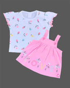 Pink and white floral candy house knitted cotton pinafore dress set with LOVE embroidery for birthdays, playdates, and family outings