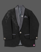 Boys black embellished tuxedo suit set with blazer trousers and bow tie