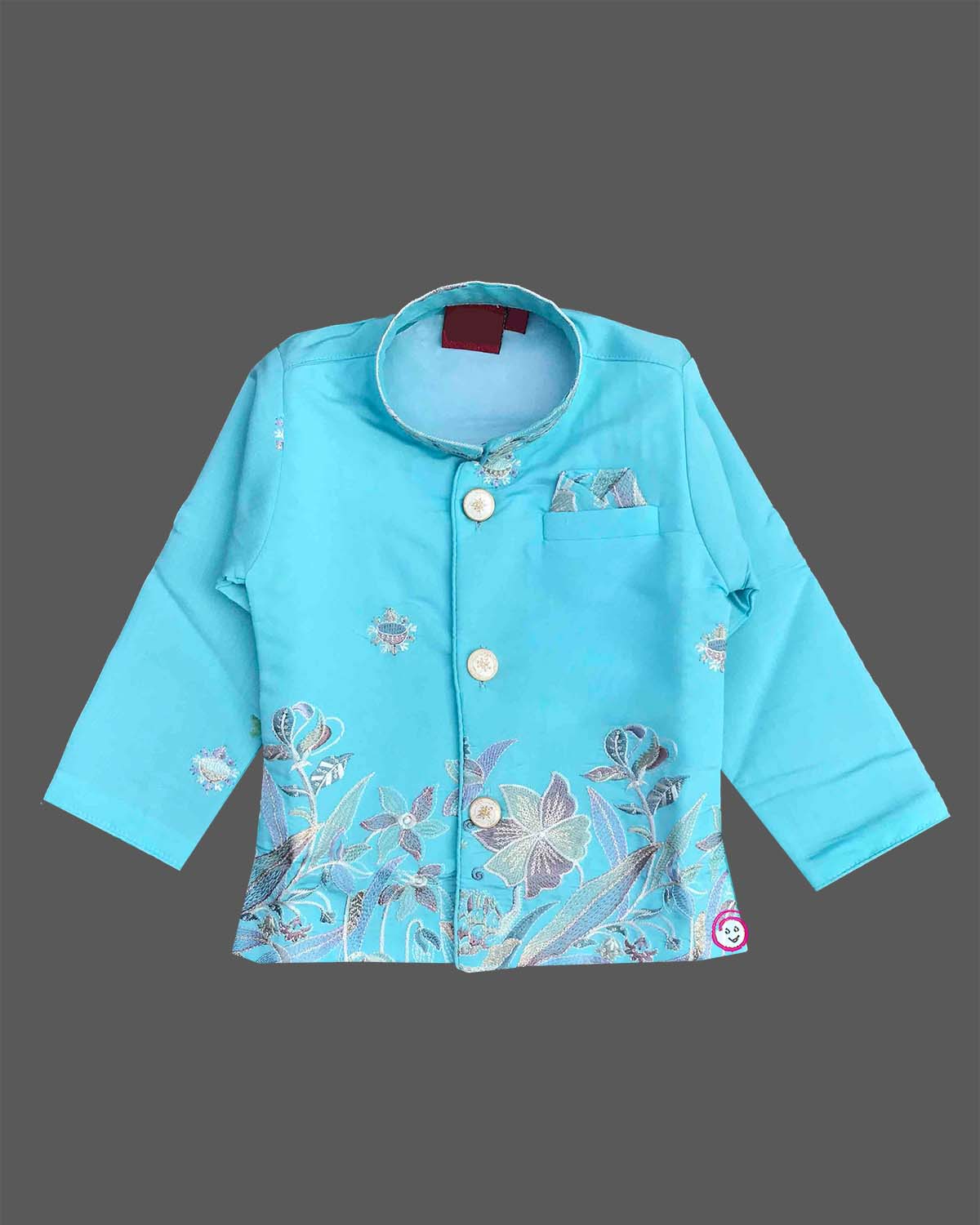 Sky blue embroidered silk sherwani with white pajama set for boys