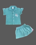 Teal sea green premium cotton muslin short sleeve button down shirt with pocket embroidery and matching shorts