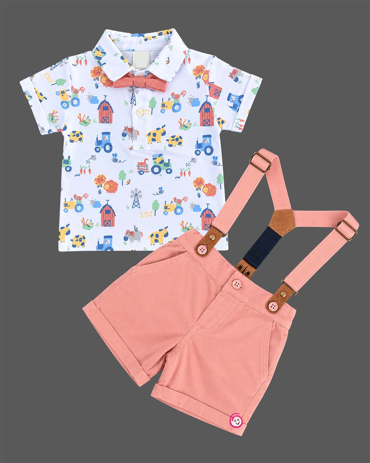 Baby boy farm print collared shirt with bowtie and pink suspender shorts dress for infant