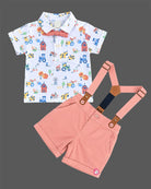 Baby boy farm print collared shirt with bowtie and pink suspender shorts dress for infant