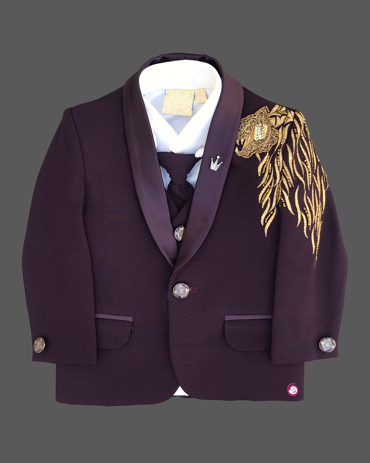 Boys wine designer tuxedo suit set featuring a shawl collar blazer with intricate gold shoulder embroidery, shirt, waistcoat, tie, and matching formal pant