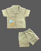 Sage green textured cotton button-down shirt with dolphin and crab embroidery baby boy top and shorts set for summer vacations, playdates, and park outings