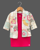 Baby party wear dress featuring a sleeveless midi inner and an open-front embroidered jacket.