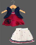 Toddler top and skirt set featuring jacket layer and embroidered details