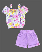 Floral printed Square Neck top paired with purple shorts set for girls