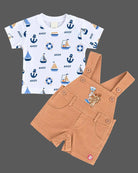 Boys dungaree set with nautical printed round neck t-shirt and light brown dungaree shorts