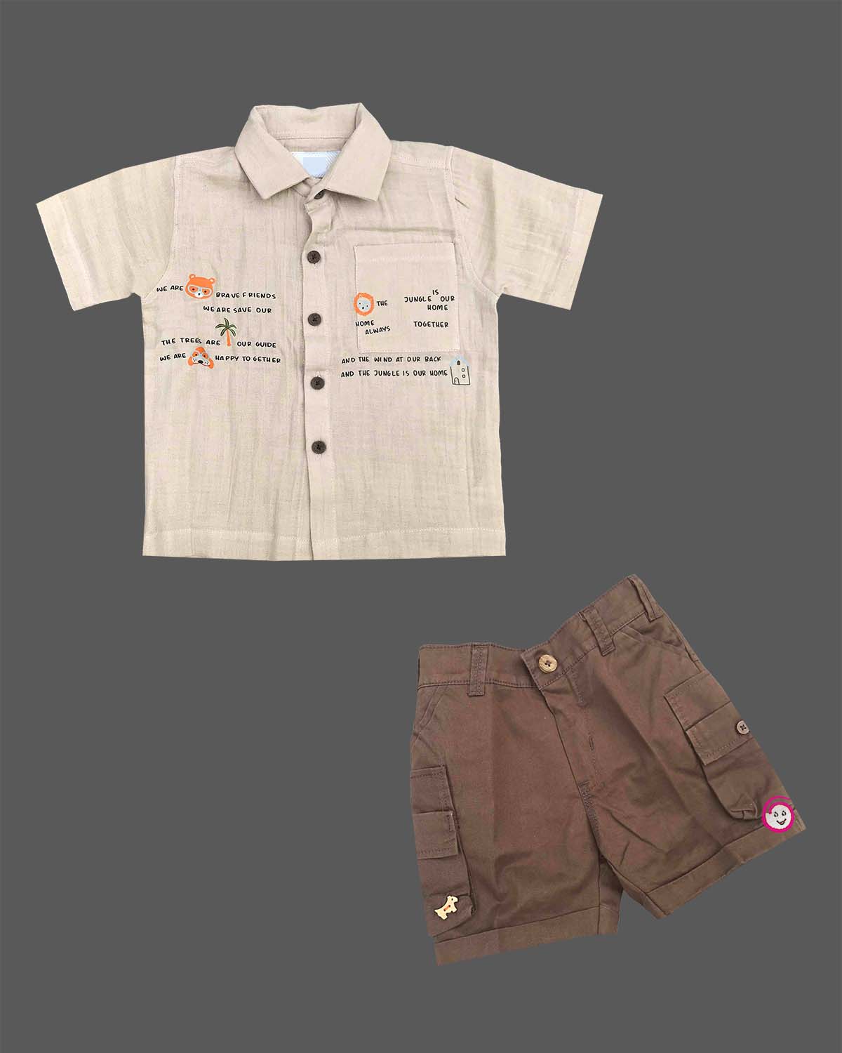 Toddler cotton printed short sleeve shirt and matching cargo shorts clothing set for boys