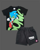 Black graphic t-shirt with Sonic printed motif and matching elasticated shorts baby boy top and shorts set for summer vacations, playdates, and park outings