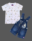 dungaree set for boys featuring sailboat embroidery and matching printed tee