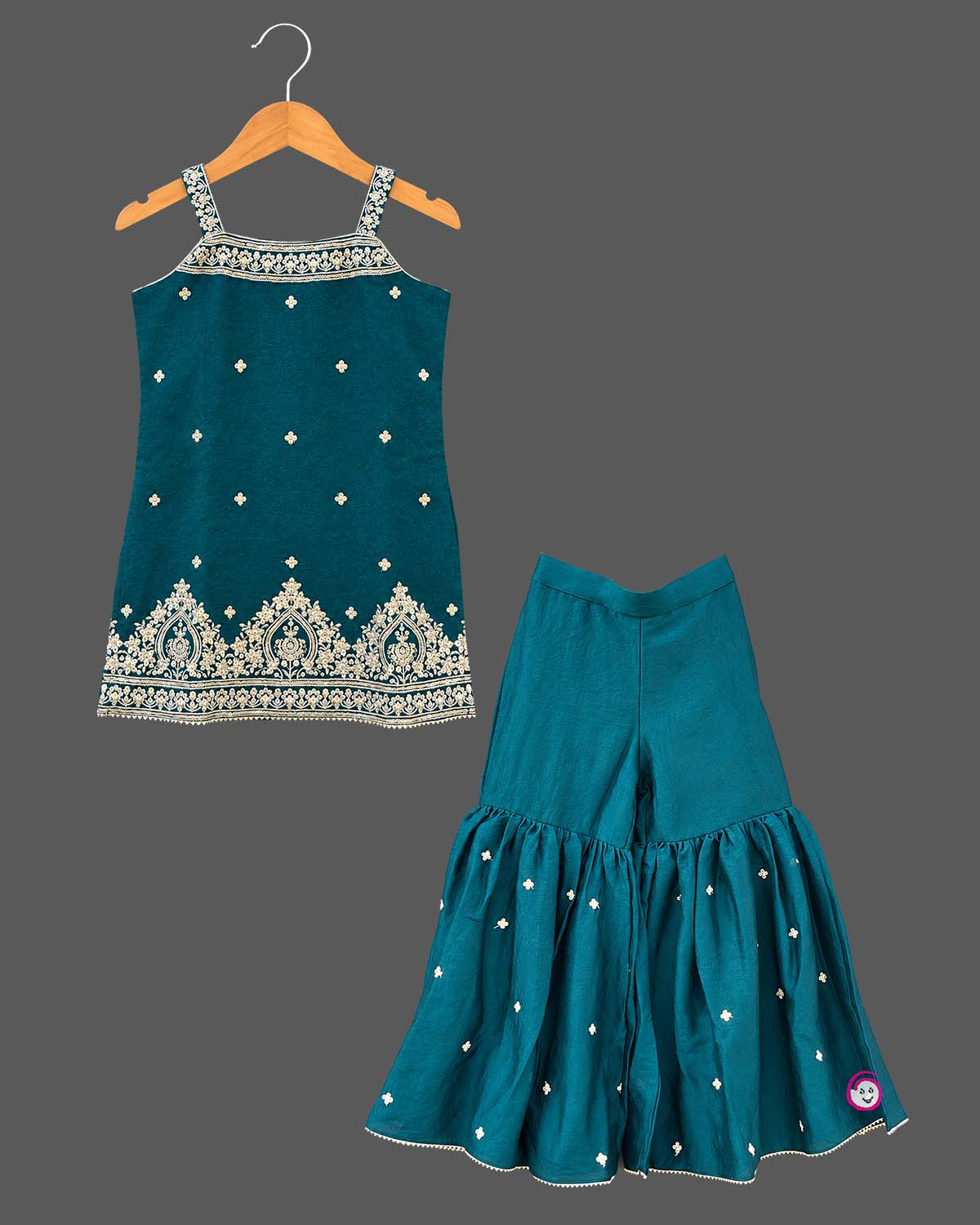 Embroidered tunic kids sharara set with square neckline, tiered flared pants, and sheer dupatta