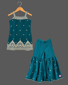 Embroidered tunic kids sharara set with square neckline, tiered flared pants, and sheer dupatta