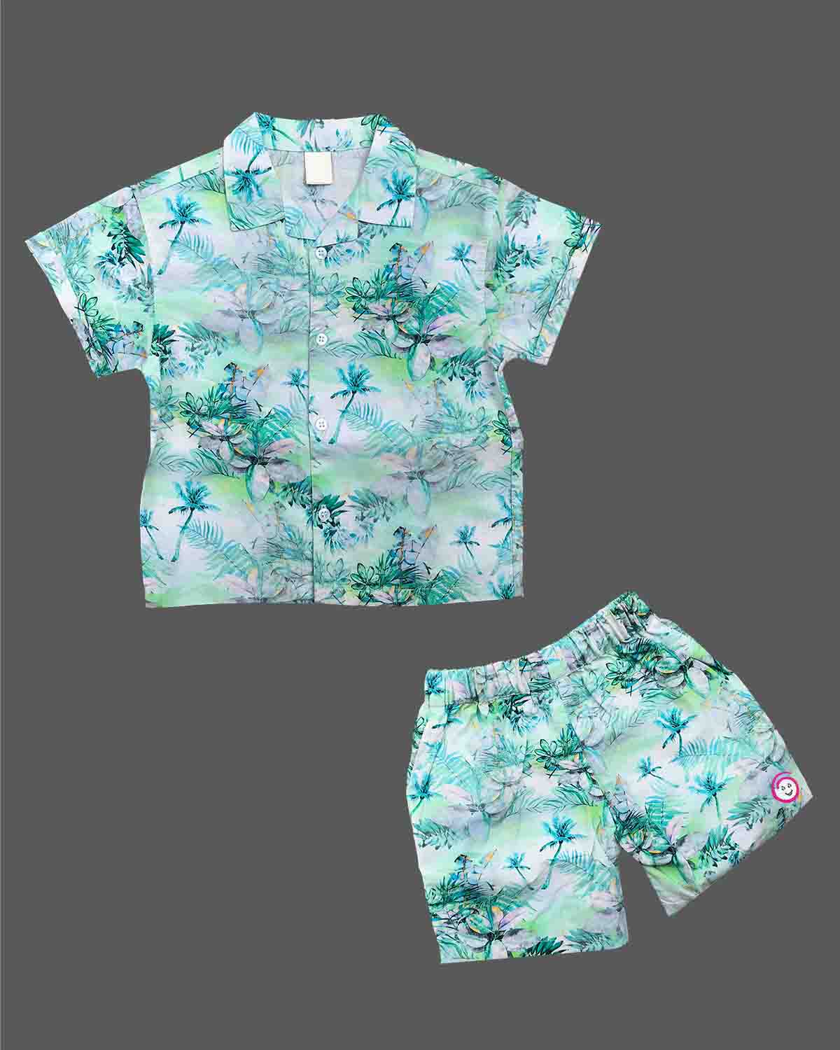 Kids short sleeve button up printed shirt with elastic waistband shorts outfit