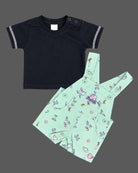 Mint printed boys dungaree set with black short sleeve t shirt