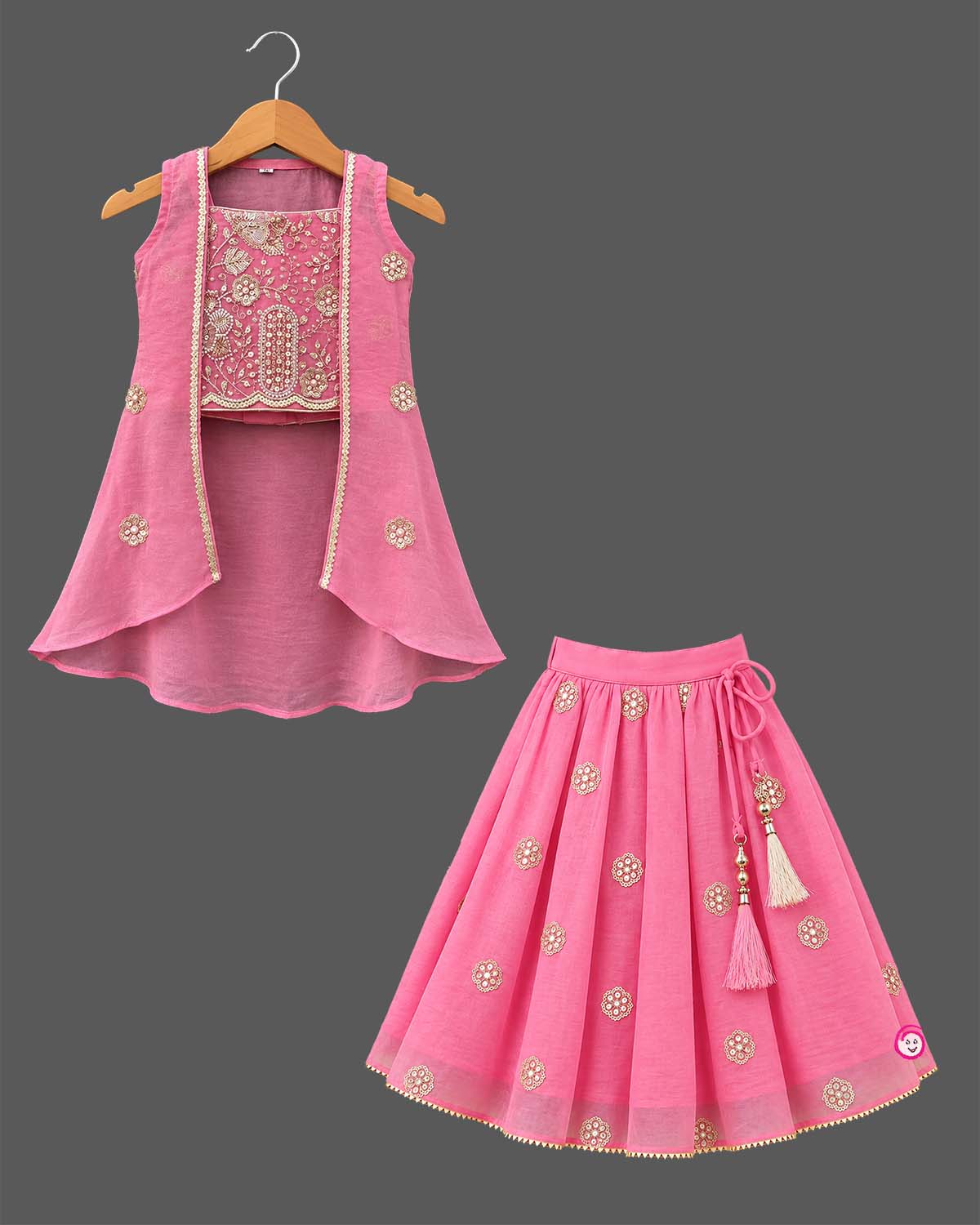 Girls pink embroidered lehenga choli set with long jacket for festive celebrations and weddings