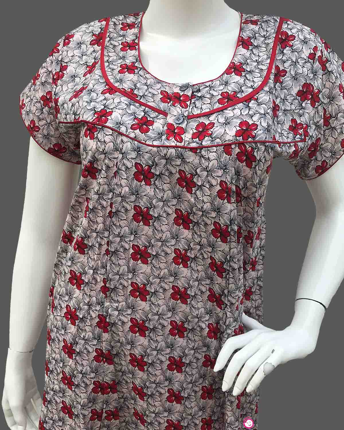 Maternity overall floral printed half sleeve nighty with zip - Red
