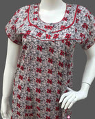 Maternity overall floral printed half sleeve nighty with zip - Red