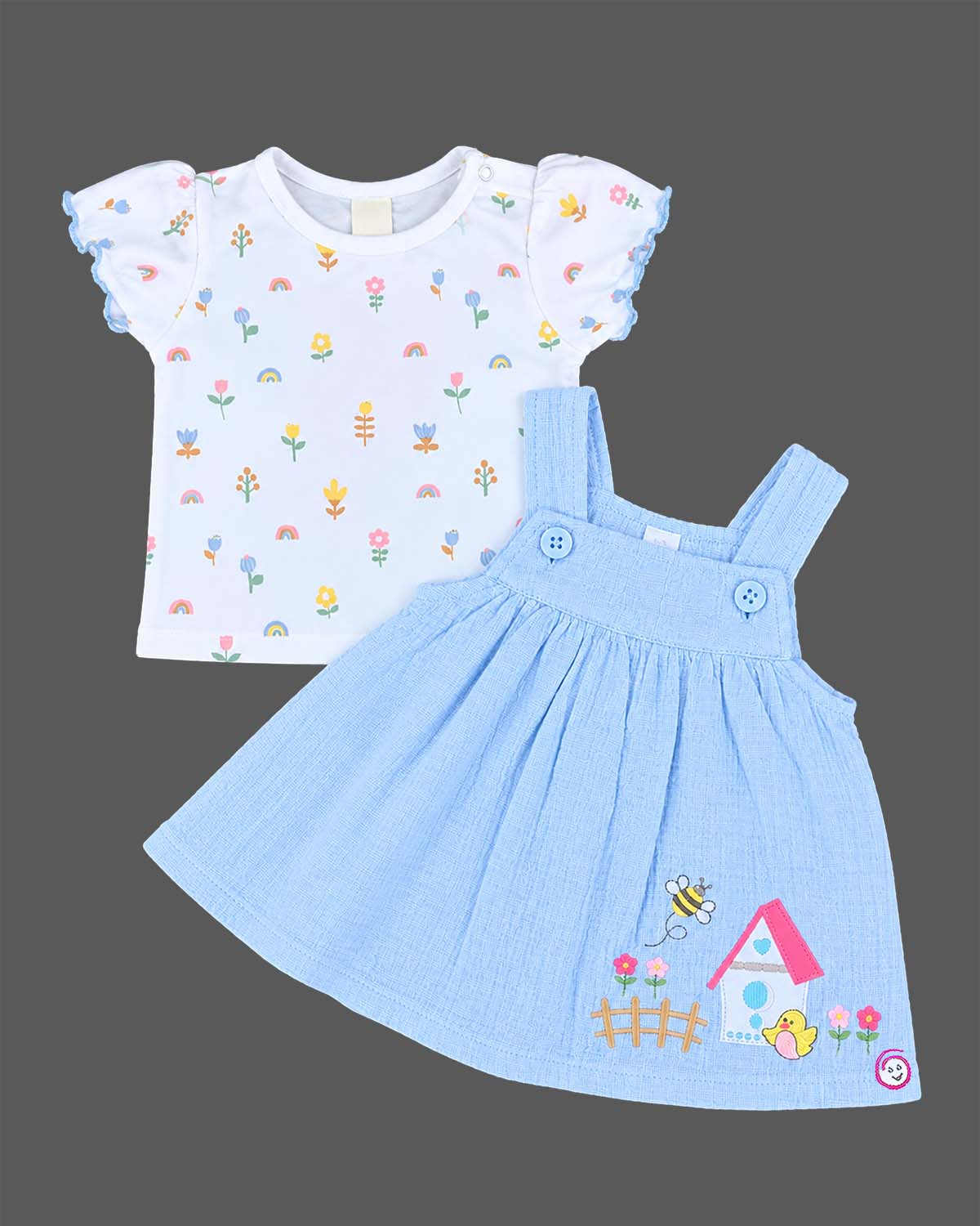 Baby girl cotton pinafore dress with frill sleeve printed t-shirt set for casual wear