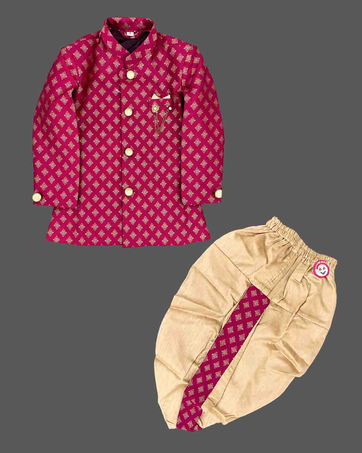 Boys brocade jacquard kids dhoti kurta featuring structured mandarin collar, metallic buttons, and draped pleated pants.