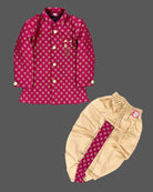 Boys brocade jacquard kids dhoti kurta featuring structured mandarin collar, metallic buttons, and draped pleated pants.