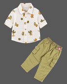 Toddler wearing a western wear for boys set consisting of a button-down shirt and utility cargo pant.