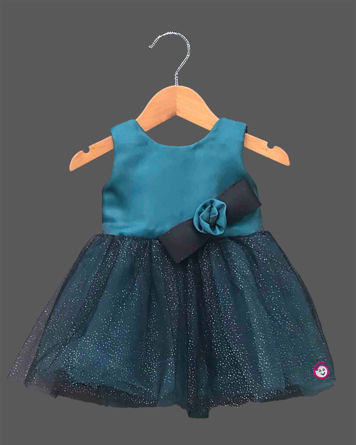 Teal blue and dark green glitter net party frock for girls with flower bow accent