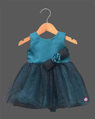 Teal blue and dark green glitter net party frock for girls with flower bow accent