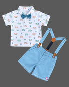 Boys suspender set with vehicle printed collared shirt, bow tie, and light blue suspender shorts