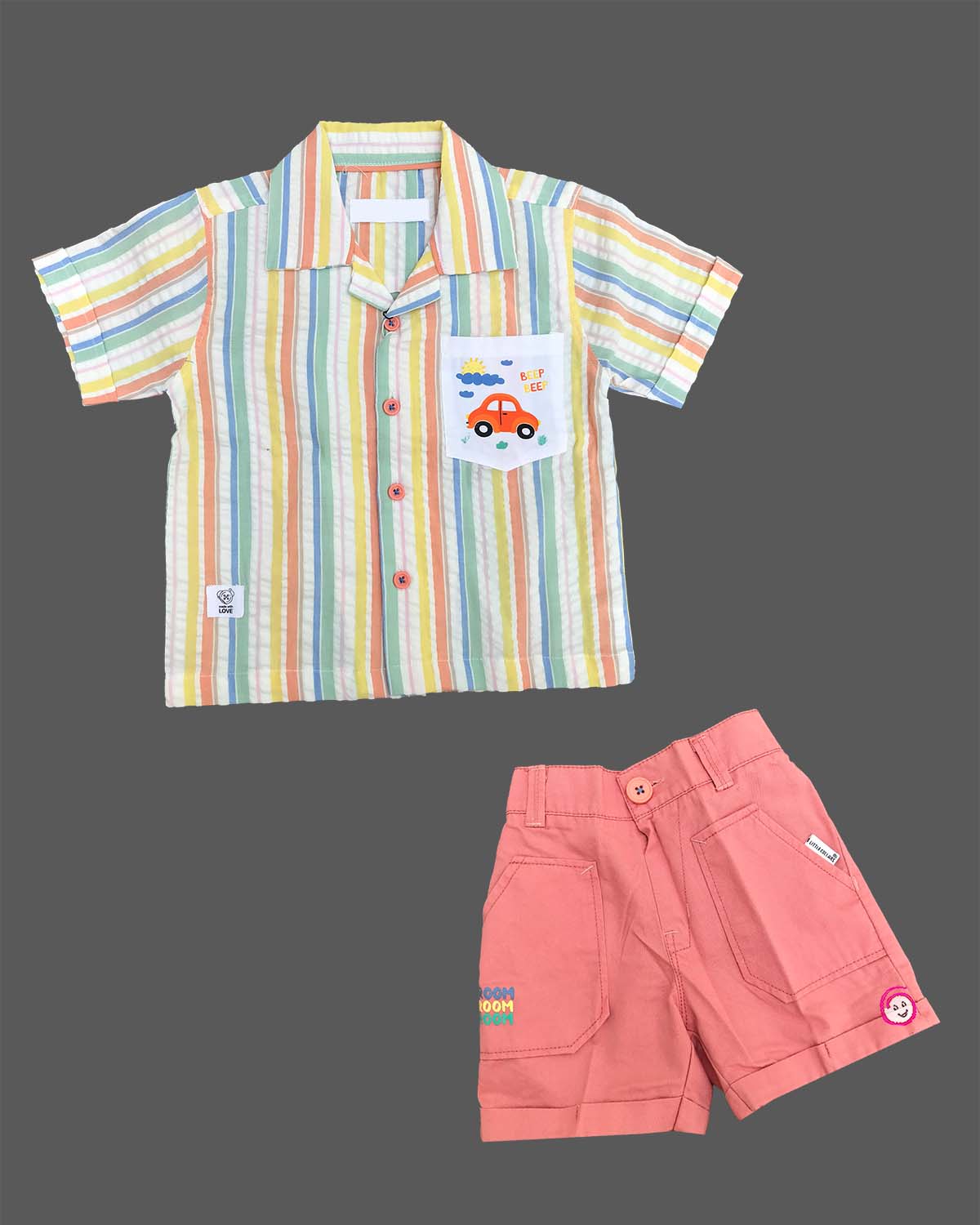 Baby Boy Striped Shirt with Car Appliqué and Matching Cuffed Shorts Set