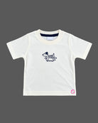 Detailed view of party wear for boys featuring denim button shirt with graphic prints and cargo Pant.