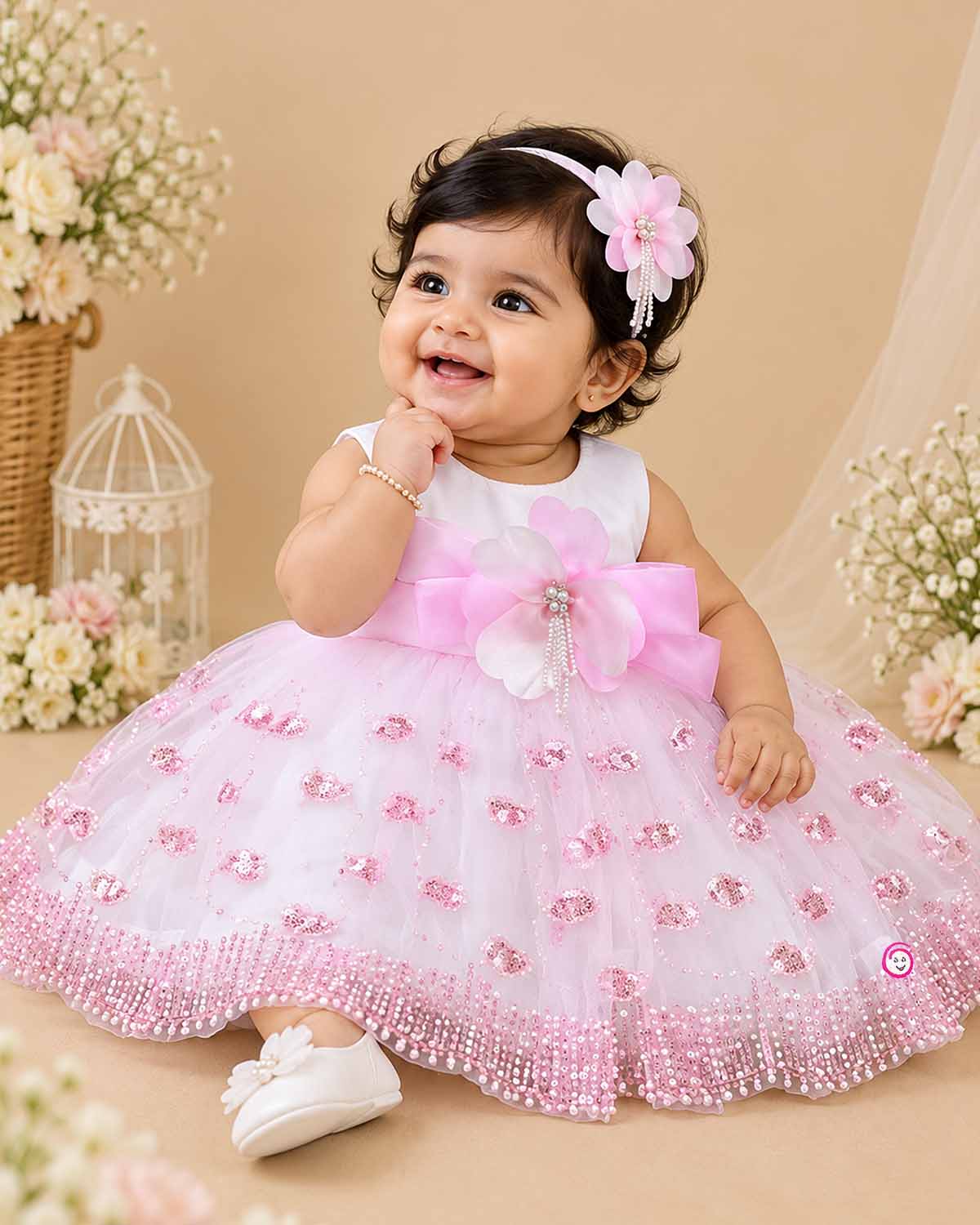 Sleeveless net fit-and-flare girl frock with floral waist appliqué and sequin detailing for parties.