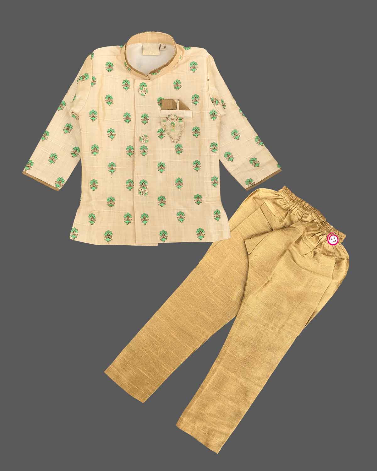 Boys silk blend floral motif sherwani set with mandarin collar and elasticated pyjamas for festive ceremonies and wedding events.