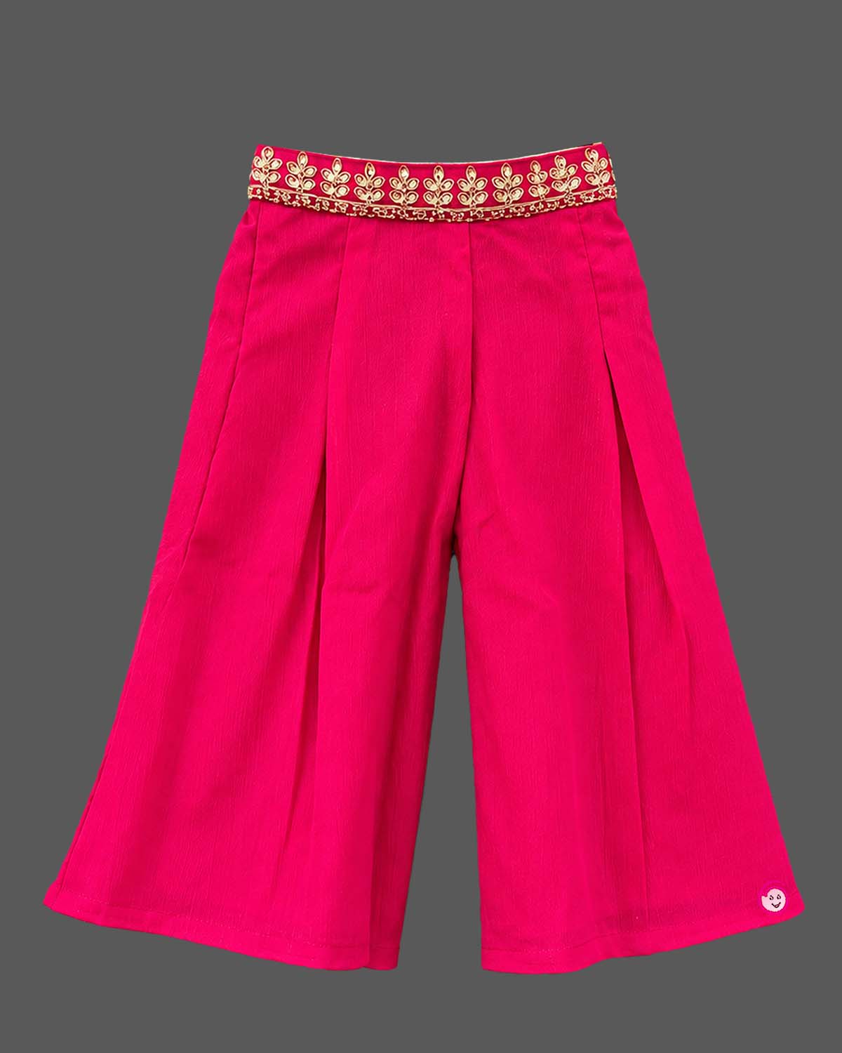 Zari embroidered kids palazzo set featuring a sleeveless long jacket and pleated palazzo pants