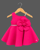 Structured one-shoulder kids party wear frock set with large 3D flower applique, soft booties, and bow headband
