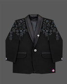 Boys black embroidered formal tuxedo suit set with blazer coat white shirt bow tie and pant for wedding party